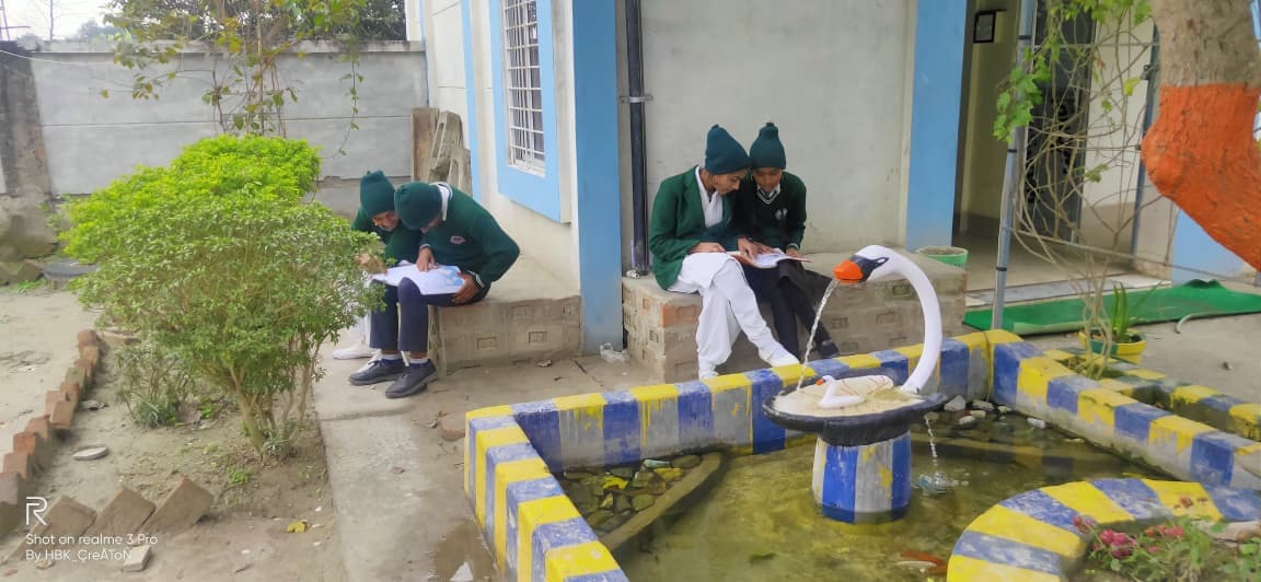 Students reading together beside the campus garden fountain